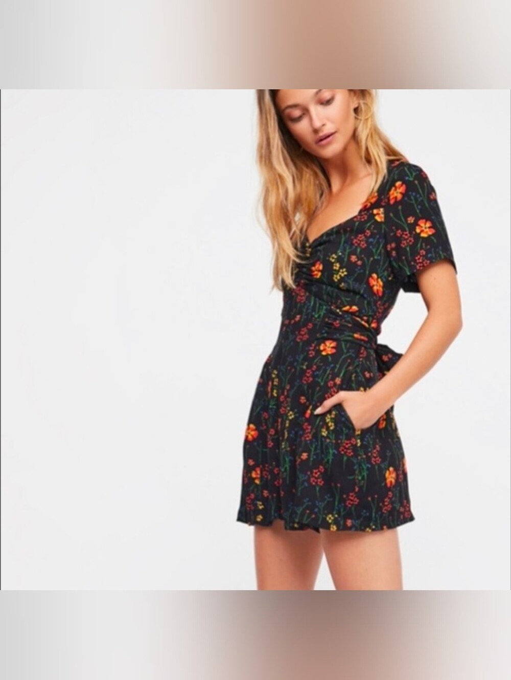 Free People Bet You Do Black Floral Short-Sleeve Romper, Women's 12 - Picture 9 of 10